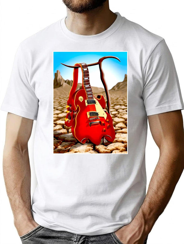 Melted Guitar Vintage Abstract Desert Print T-Shirt for Men & Women, T-Shirts Graphic Tee - White
