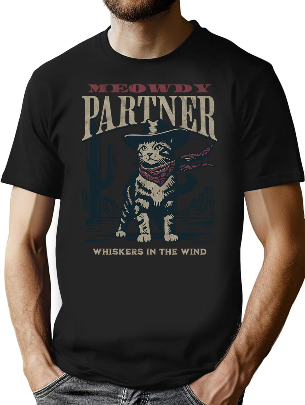 Meowdy Partner Whiskers In The Wind T-Shirt for Men & Women, T-Shirts Graphic Tee - Black