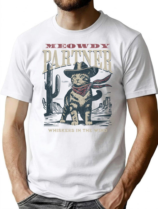 Meowdy Partner Whiskers In The Wind T-Shirt for Men & Women, T-Shirts Graphic Tee - White