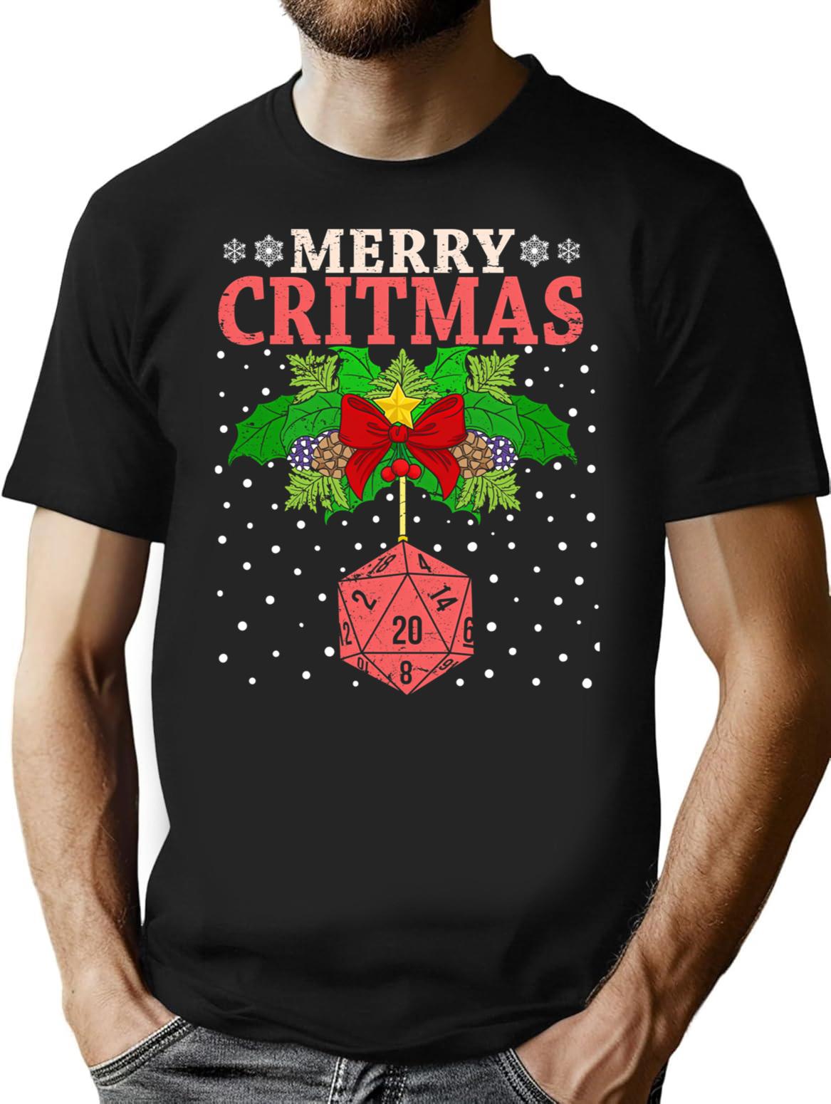 Merry Critmas 20 Sided Dice Rpg Christmas Holiday Board Game T-Shirt for Men & Women, T-Shirts Graphic Tee - Black
