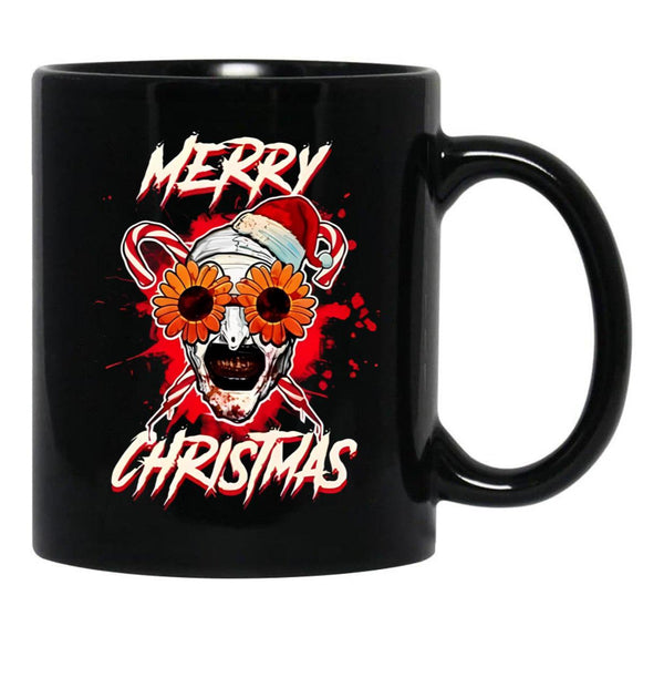 Merry Xmas Sunflower Sunglasses Horror Clown Movie Art Terrifier 2 Black Coffee Mug, Gift Coffee Mug - Black
