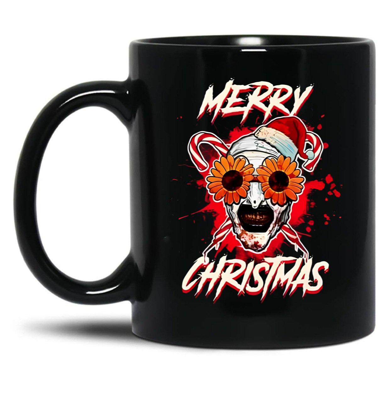 Merry Xmas Sunflower Sunglasses Horror Clown Movie Art Terrifier 2 Black Coffee Mug, Gift Coffee Mug
