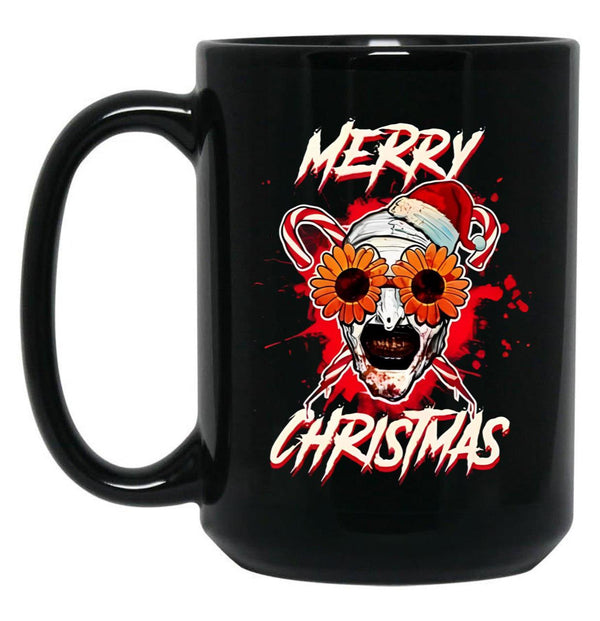 Merry Xmas Sunflower Sunglasses Horror Clown Movie Art Terrifier 2 Black Coffee Mug, Gift Coffee Mug - Black