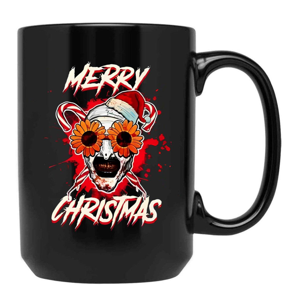 Merry Xmas Sunflower Sunglasses Horror Clown Movie Art Terrifier 2 Black Coffee Mug, Gift Coffee Mug