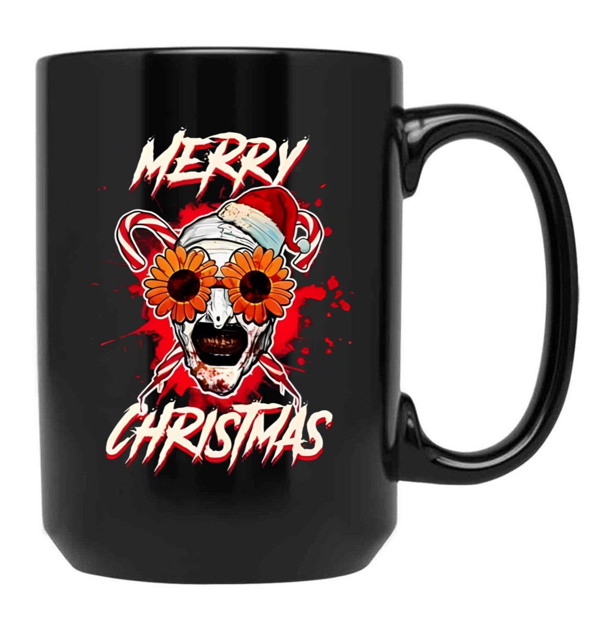 Merry Xmas Sunflower Sunglasses Horror Clown Movie Art Terrifier 2 Black Coffee Mug, Gift Coffee Mug