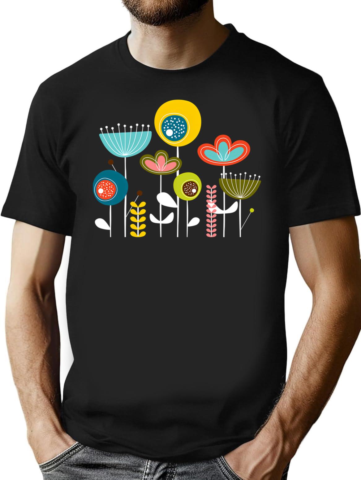 Mid Century Flowers T-Shirt for Men & Women, T-Shirts Graphic Tee - Black
