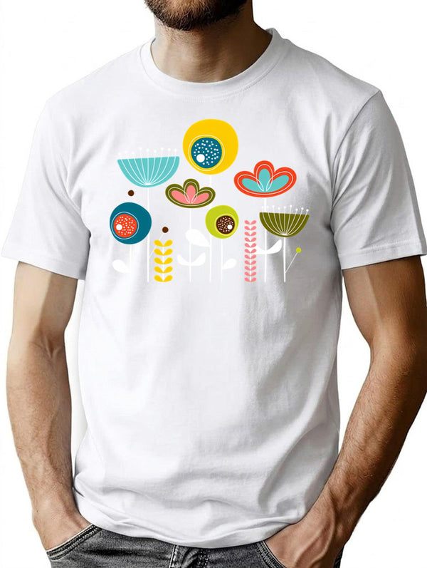 Mid Century Flowers T-Shirt for Men & Women, T-Shirts Graphic Tee - White