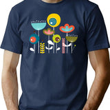 Mid Century Flowers T-Shirt for Men & Women, T-Shirts Graphic Tee - Navy