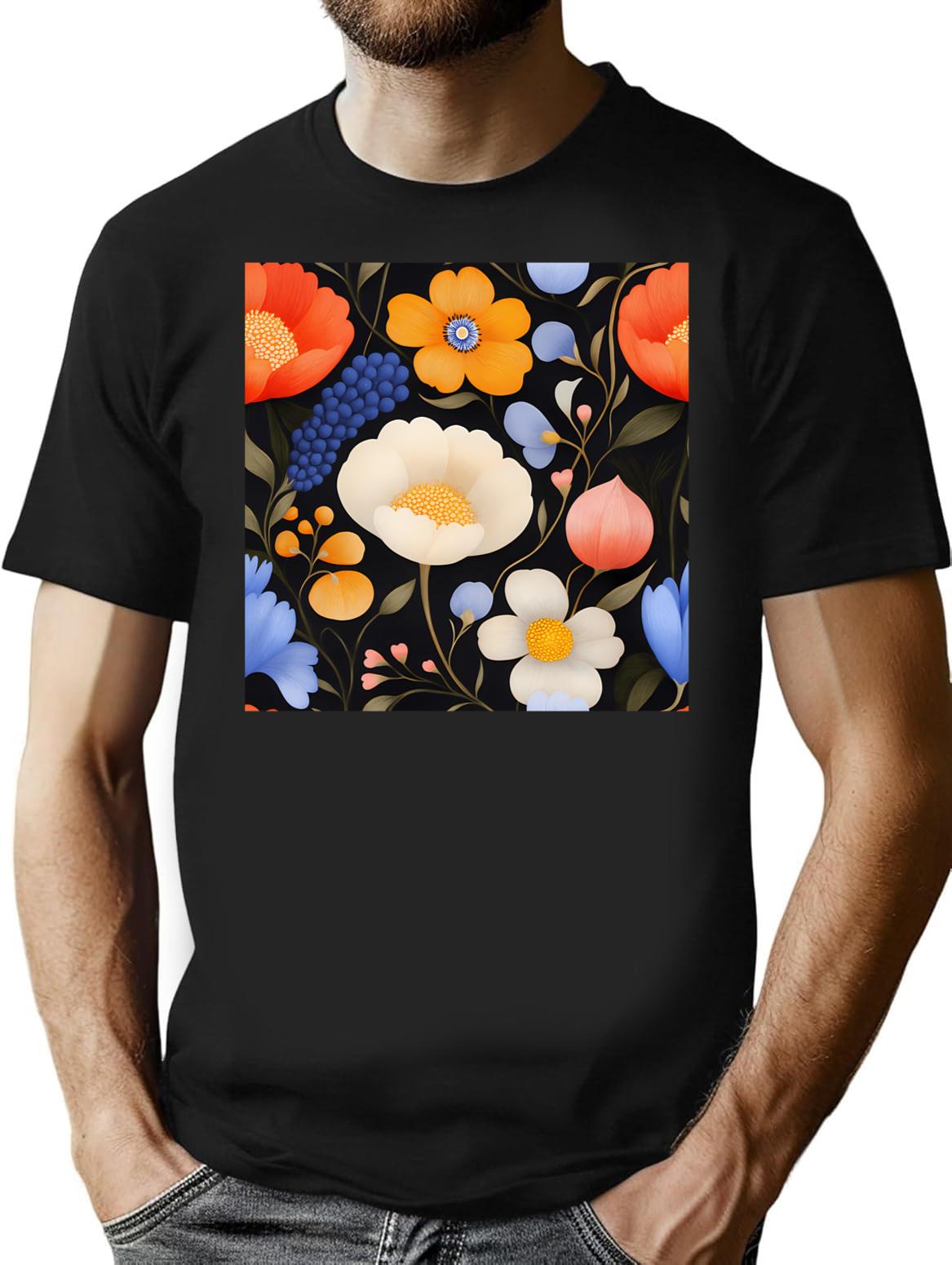 Midnight Garden - Wildflowers In Orange And Blue T-Shirt for Men & Women, T-Shirts Graphic Tee - Black