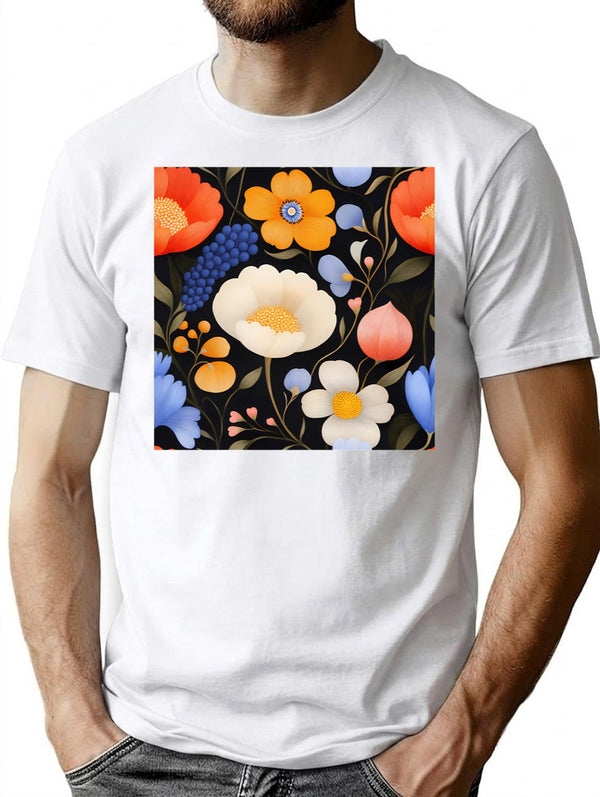 Midnight Garden - Wildflowers In Orange And Blue T-Shirt for Men & Women, T-Shirts Graphic Tee - White