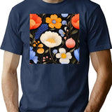 Midnight Garden - Wildflowers In Orange And Blue T-Shirt for Men & Women, T-Shirts Graphic Tee - Navy