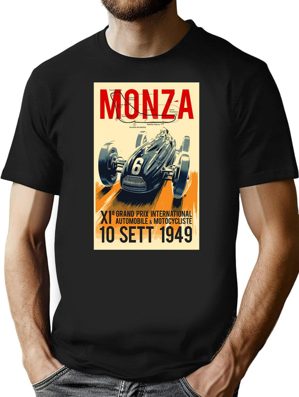 Monza Grand Prix Vintage Auto Racing Print T-Shirt for Men & Women, T-Shirts Graphic Tee - Black