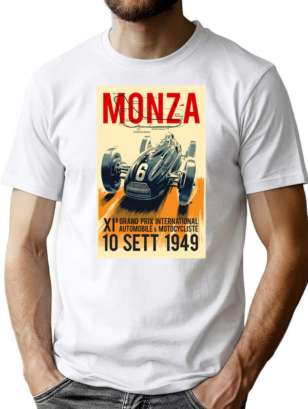 Monza Grand Prix Vintage Auto Racing Print T-Shirt for Men & Women, T-Shirts Graphic Tee - White