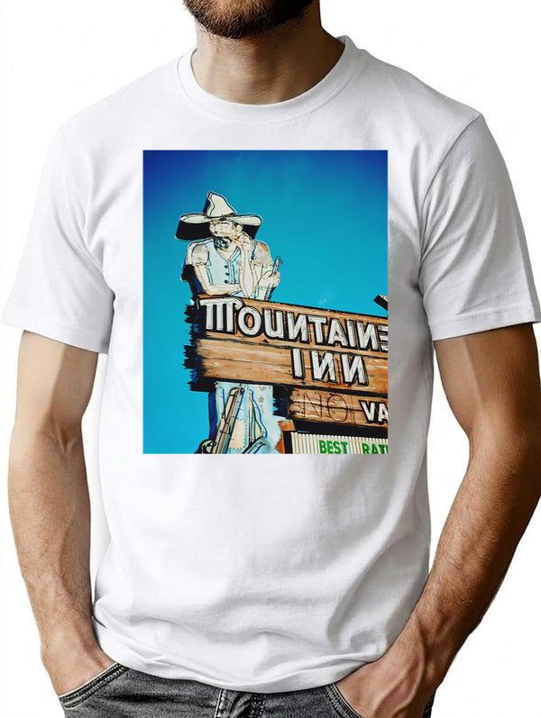 Mountaineer Inn Motel Sign - Vintage Washed Retro Wall Art Print T-Shirt for Men & Women, T-Shirts Graphic Tee - White