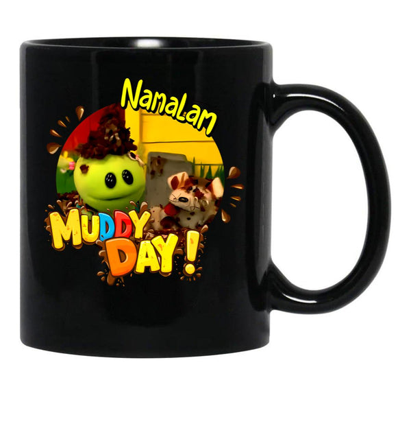 Muddy Day - Fun Nanalan Character Design Playful And Adorable Puppet Art Nanalan'S Messy Adventure Captured In A Cute And Colorful Illustration Black Coffee Mug, Gift Coffee Mug - Black