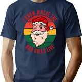 Naughty Christmas Bad Santa Girls Funny Inappropriate Gift T-Shirt for Men & Women, T-Shirts Graphic Tee - Navy