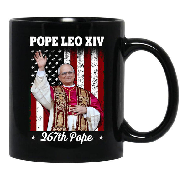 New Pope Leo Xiv Robert Prevost American Flag Black Coffee Mug - Black