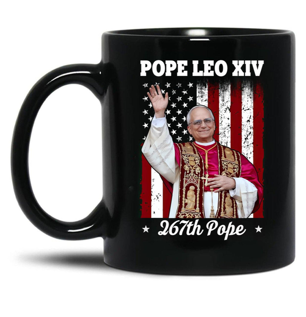 New Pope Leo Xiv Robert Prevost American Flag Black Coffee Mug