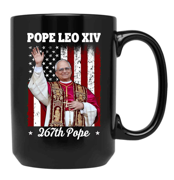 New Pope Leo Xiv Robert Prevost American Flag Black Coffee Mug - Black