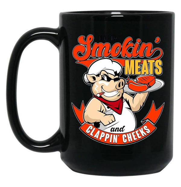 Old Row Smokin Meats and Clappin Cheeks BBQ Black Coffee Mug, Gift Coffee Mug - Black