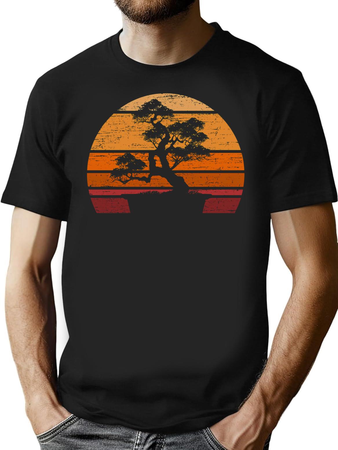 Orange Vintage Japanese Bonsai Tree Sunset T-Shirt for Men & Women, T-Shirts Graphic Tee - Black
