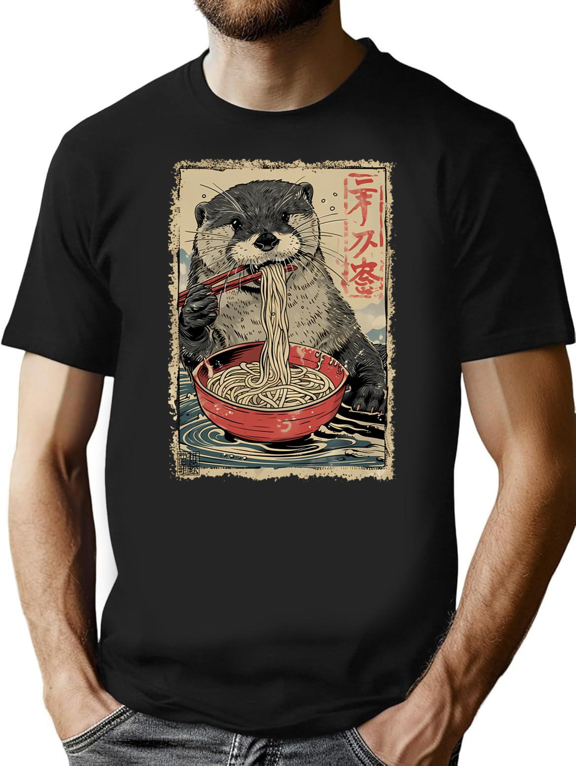 Otter Ramen Noodles Kawaii Japanese Food Art T-Shirt T-Shirt for Men & Women, T-Shirts Graphic Tee - Black