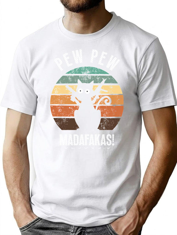 Pew Pew Crazy Cat Madafakas Vintage T-Shirt for Men & Women, T-Shirts Graphic Tee - White