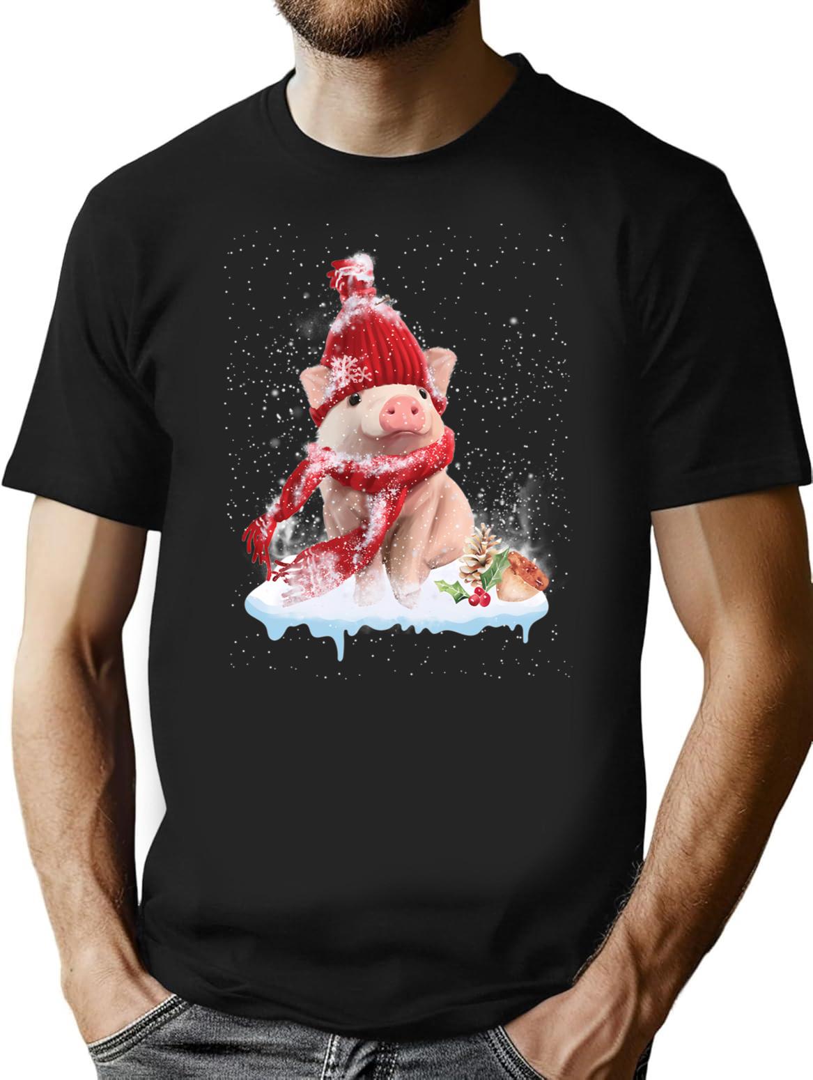 Pig Cute Welcome Merry Christmas T-Shirt for Men & Women, T-Shirts Graphic Tee - Black