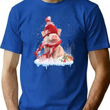 Pig Cute Welcome Merry Christmas T-Shirt for Men & Women, T-Shirts Graphic Tee - Blue