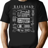 Railroad Railway Steam Locomotive Train Vintage Patent Print T-Shirt for Men & Women, T-Shirts Graphic Tee - Black