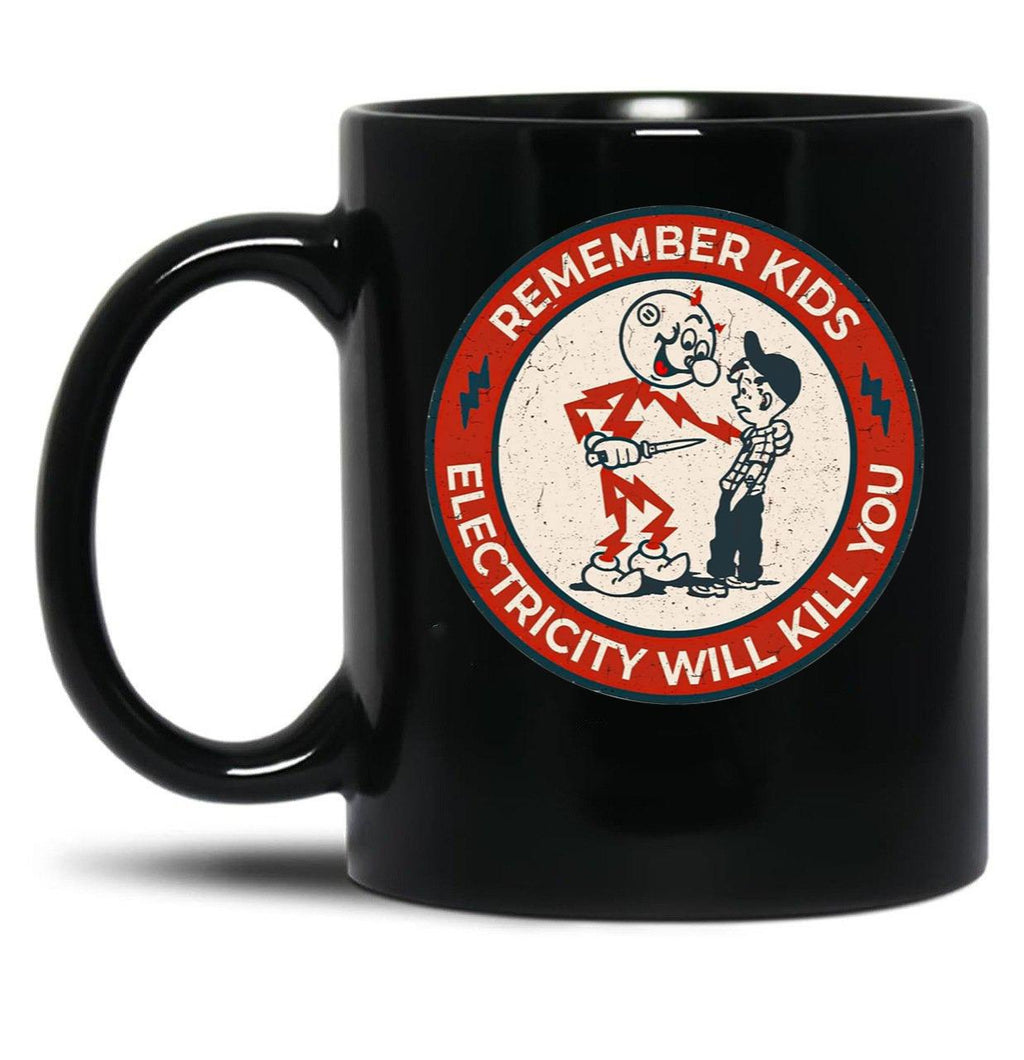 Reddy Kilowatt Electricity Will Kill You Vintage Black Coffee Mug, Gift Coffee Mug