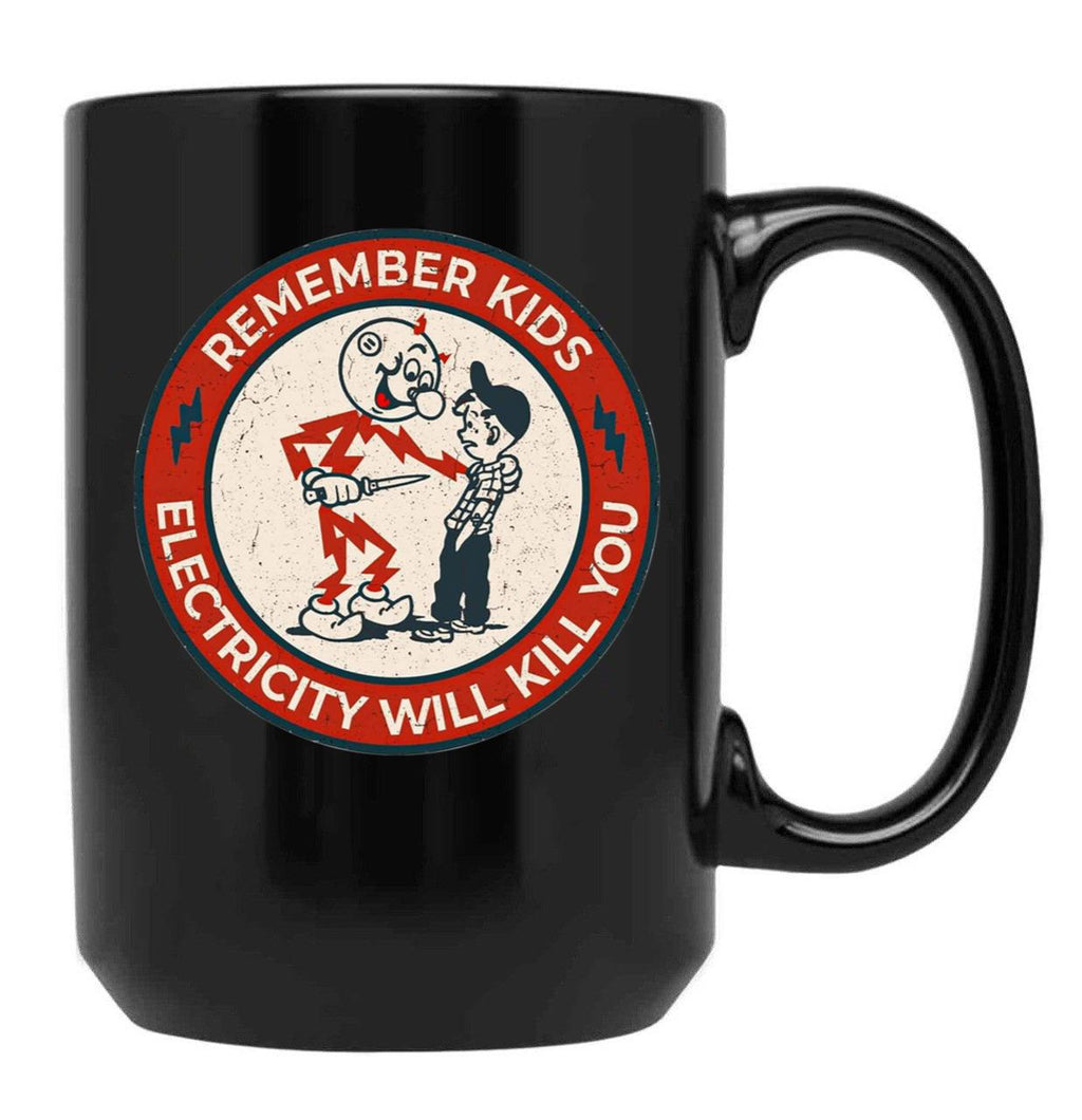 Reddy Kilowatt Electricity Will Kill You Vintage Black Coffee Mug, Gift Coffee Mug