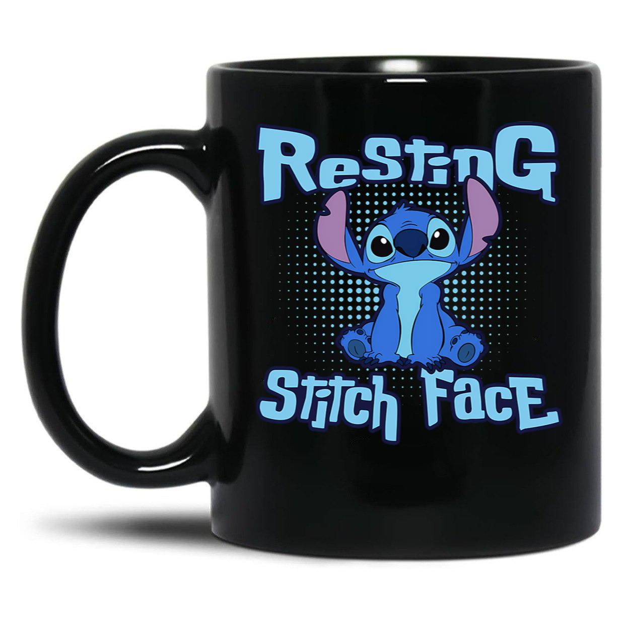 Resting Stitch Face Black Coffee Mug, Gift Coffee Mug