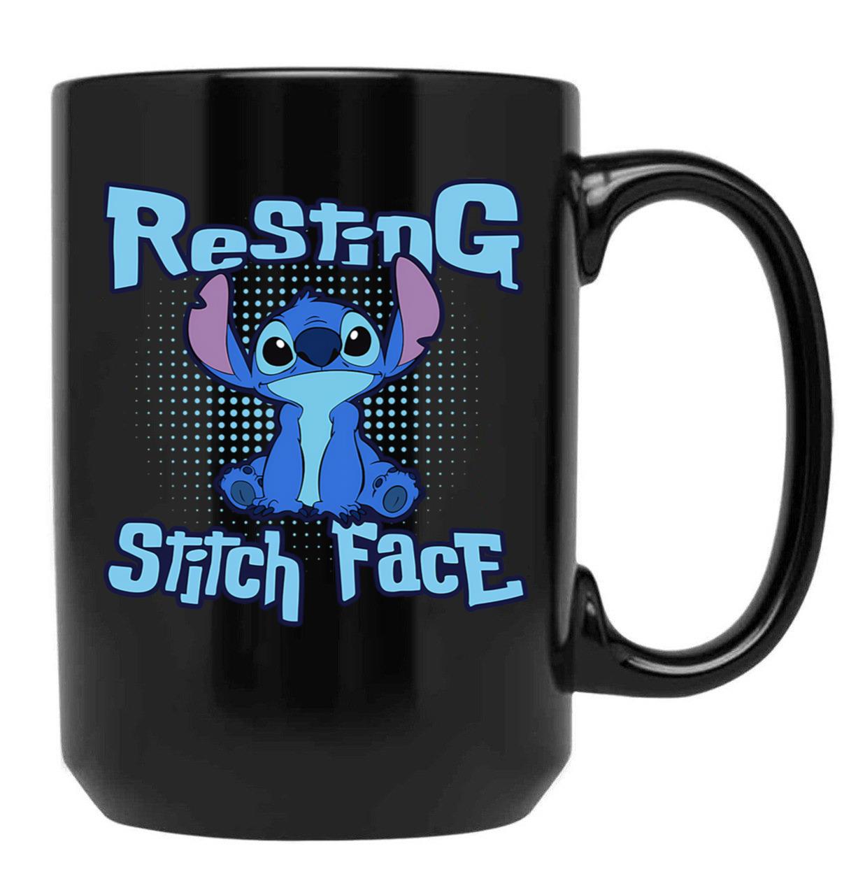 Resting Stitch Face Black Coffee Mug, Gift Coffee Mug