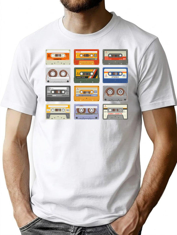 Retro Cassette Tapes Black Background T-Shirt for Men & Women, T-Shirts Graphic Tee - White