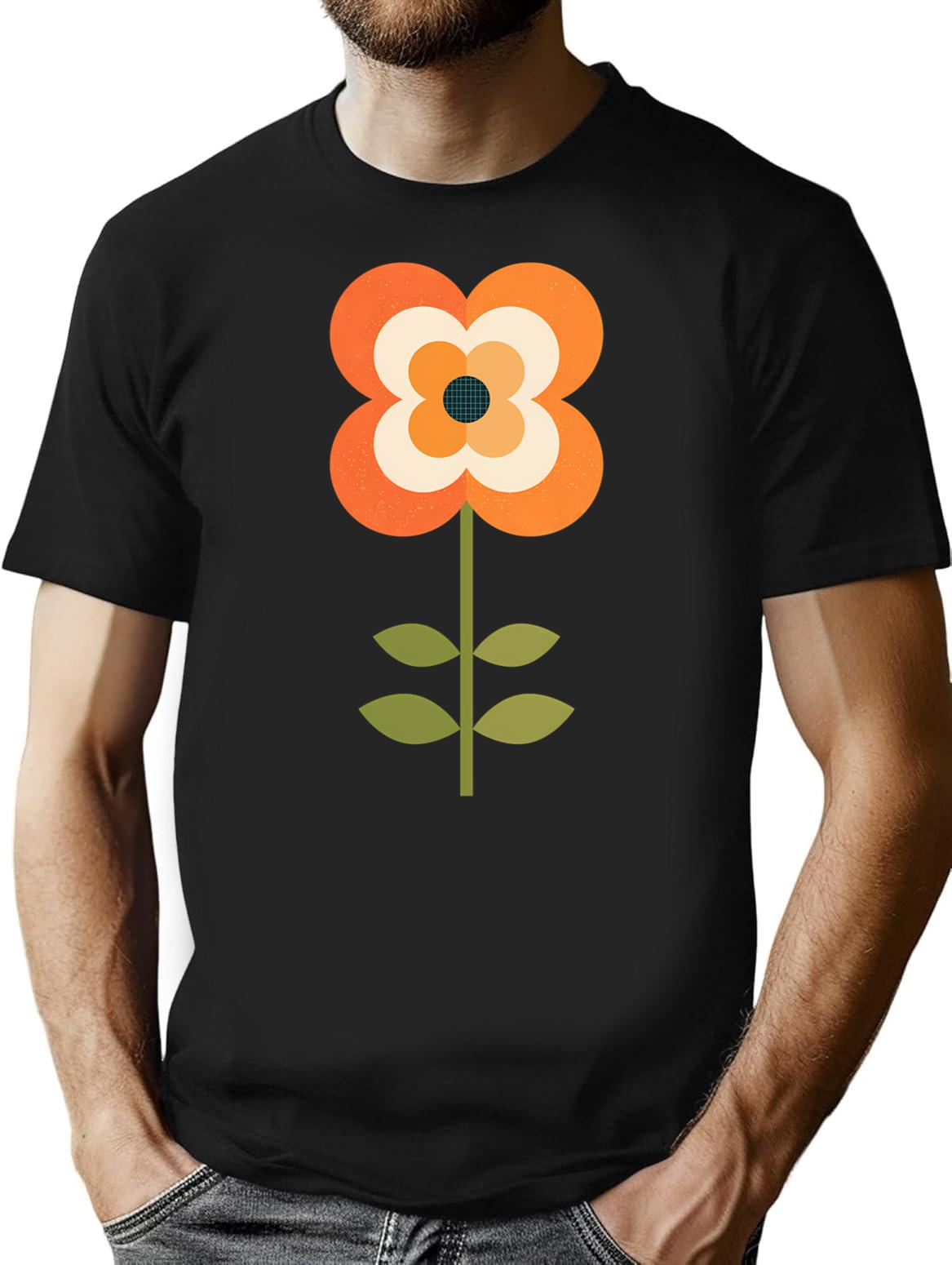 Retro Flower - Orange And Charcoal T-Shirt for Men & Women, T-Shirts Graphic Tee - Black