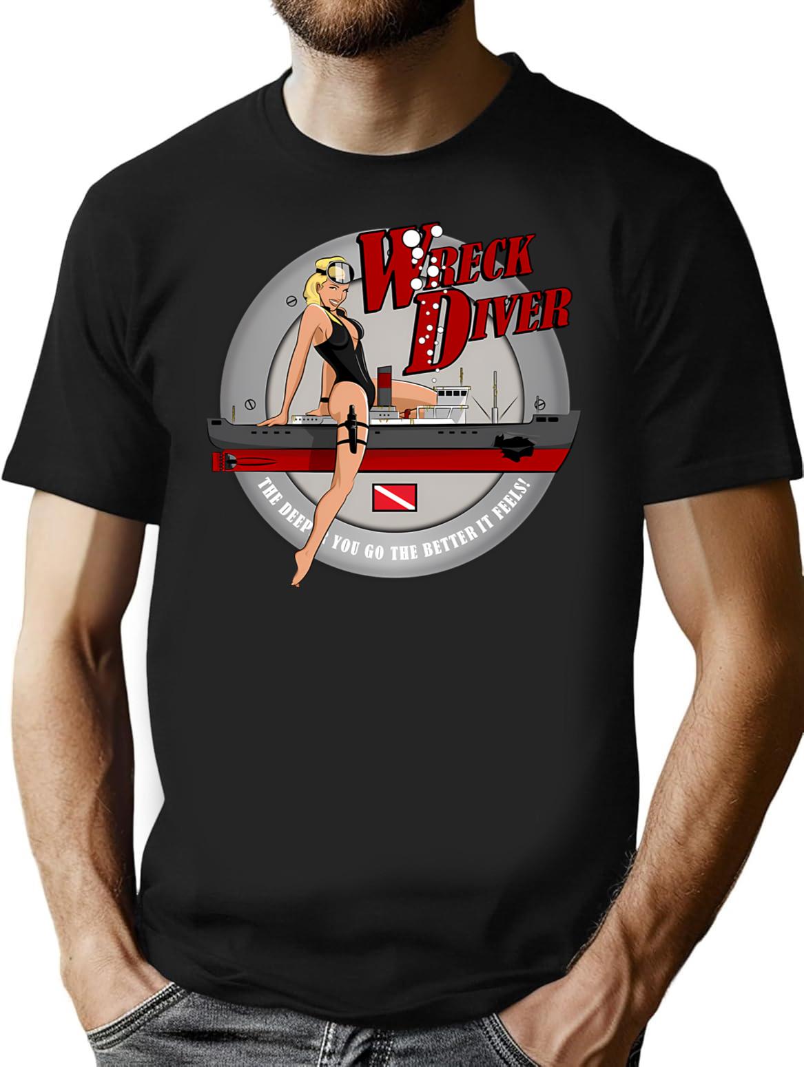 Retro Pin-Up Wreck Diver T-Shirt for Men & Women, T-Shirts Graphic Tee - Black