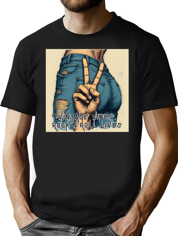 Ripped Jeans Rocknroll Vintage Grunge Style T-Shirt for Men & Women, T-Shirts Graphic Tee - Black