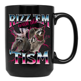Rizz Em With The Tism Meme - Funny Autism Racoon In Vintage 90S Bootleg Style Black Coffee Mug, Gift Coffee Mug
