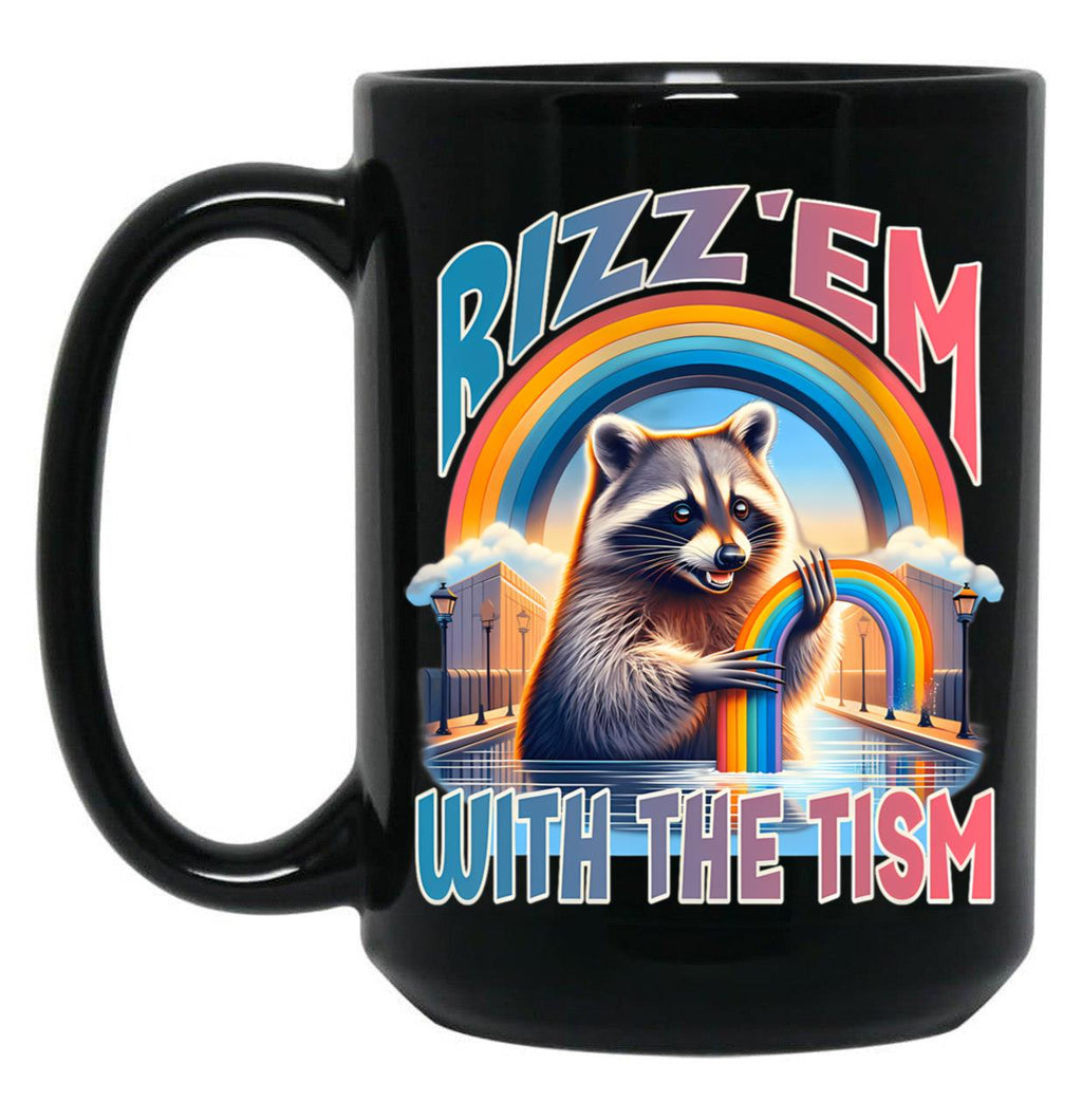 Rizz Em With The Tism Raccoon Autism Awareness Funny Raccoon Black Coffee Mug, Gift Coffee Mug
