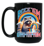 Rizz Em With The Tism Raccoon Autism Awareness Funny Raccoon Black Coffee Mug, Gift Coffee Mug