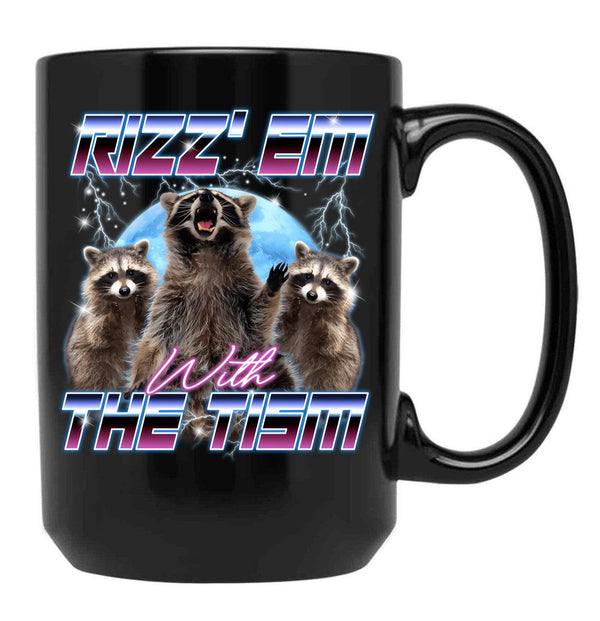 Rizz Em With The Tism Retro Funny Raccoon Autism Awareness Black Coffee Mug, Gift Coffee Mug