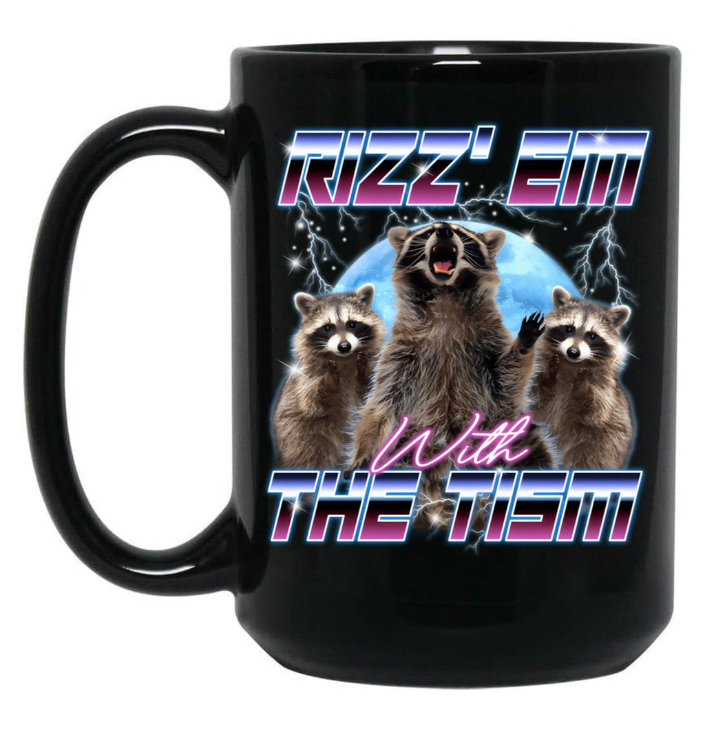 Rizz Em With The Tism Retro Funny Raccoon Autism Awareness Black Coffee Mug, Gift Coffee Mug