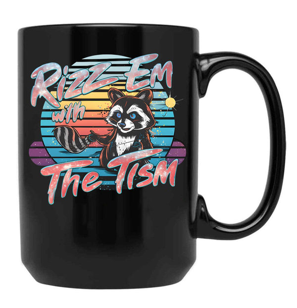Rizz Em With The Tism Retro Vintage Raccoon Meme Black Coffee Mug, Gift Coffee Mug
