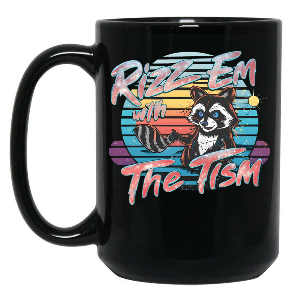 Rizz Em With The Tism Retro Vintage Raccoon Meme Black Coffee Mug, Gift Coffee Mug