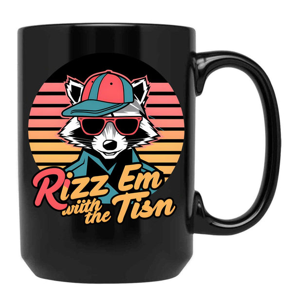 Rizz Em With The Tism Retro Vintage Raccoon Meme Black Coffee Mug, Gift Coffee Mug