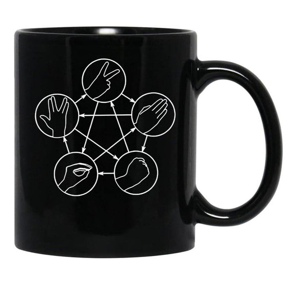Rock Paper Scissors Lizard Spock Black Coffee Mug, Gift Coffee Mug - Black