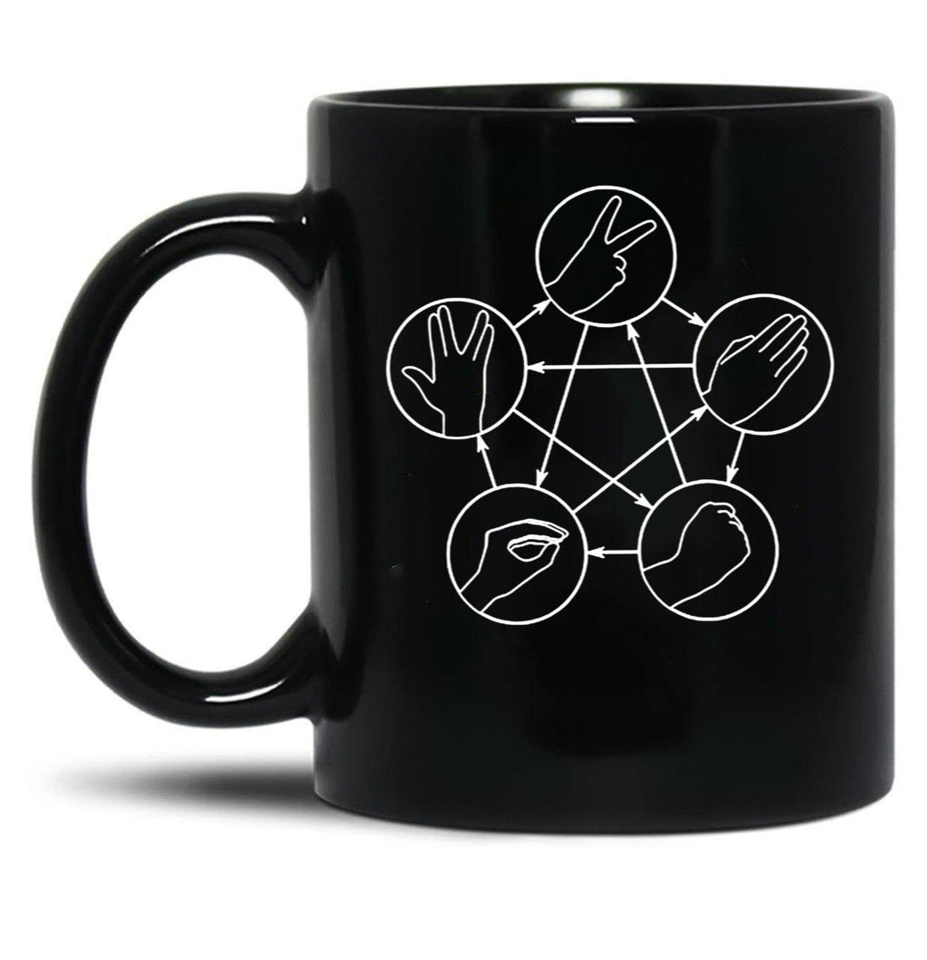 Rock Paper Scissors Lizard Spock Black Coffee Mug, Gift Coffee Mug