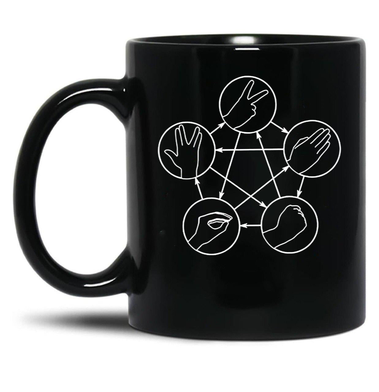 Rock Paper Scissors Lizard Spock Black Coffee Mug, Gift Coffee Mug