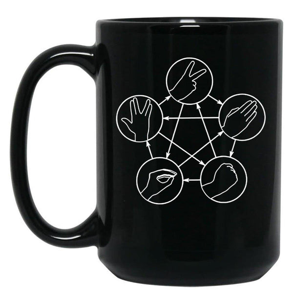 Rock Paper Scissors Lizard Spock Black Coffee Mug, Gift Coffee Mug - Black